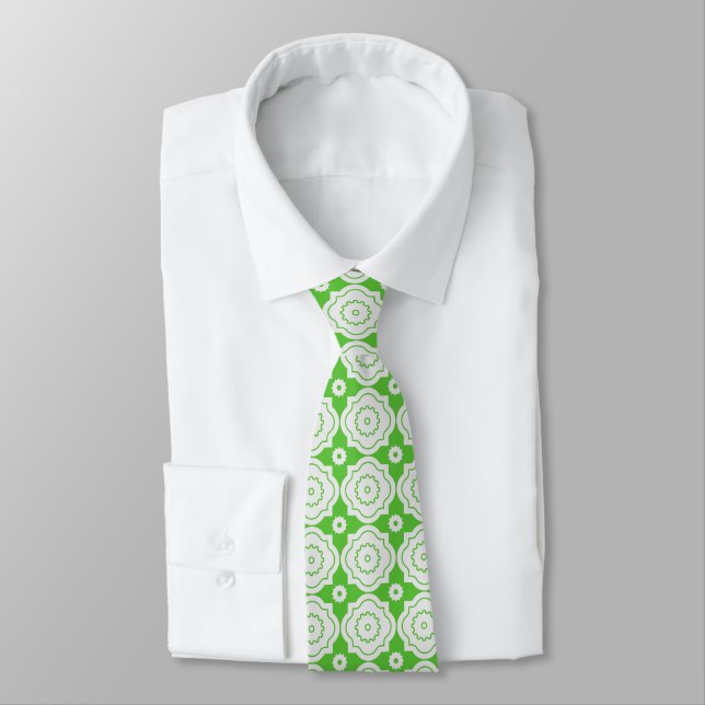 Lime Moroccan Lattice - Quatrefoil Gears Pattern Tie (Tied)