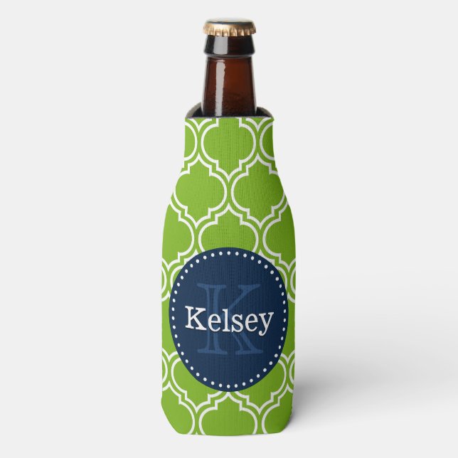 Lime Moroccan Tile Pattern Navy Monogram Bottle Cooler (Bottle Front)