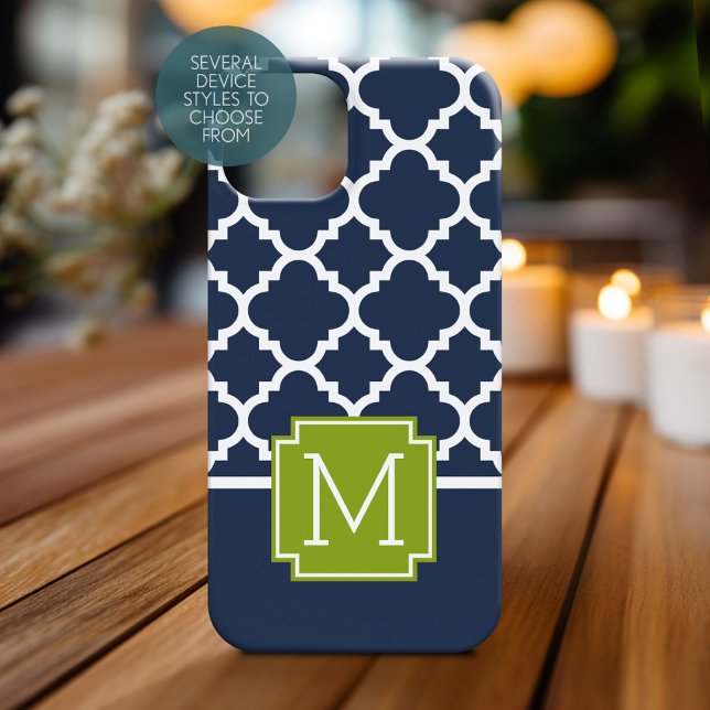 Lime & Navy arabesque Pattern Custom Monogram Case-Mate iPhone Case (Personalized Phone Case with Monogram)