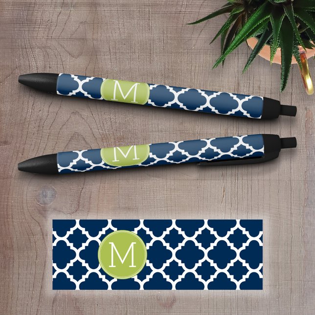 Lime & Navy Geometric Pattern Custom Monogram Black Ink Pen (Personalized Writing Pens)