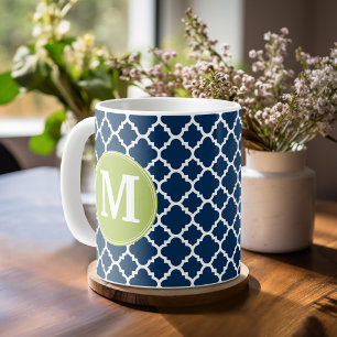Lime Navy Geometric Pattern Custom Monogram Coffee Mug