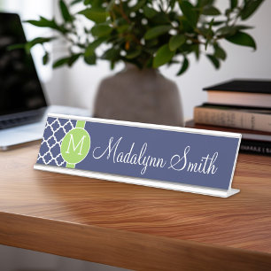 Lime & Navy Geometric Pattern Custom Monogram Desk Name Plate