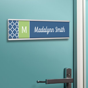 Lime & Navy Geometric Pattern Custom Monogram Door Sign