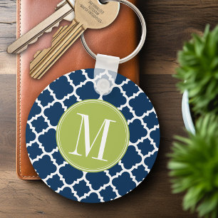 Lime & Navy Geometric Pattern Custom Monogram Key Ring