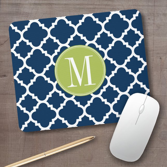 Lime & Navy Geometric Pattern Custom Monogram Mouse Mat (Personalized mousepad - add your monogram or name)