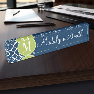 Lime & Navy Geometric Pattern Custom Monogram Nameplate