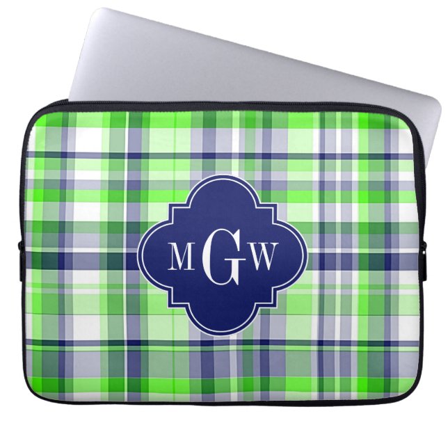 Lime, Navy, Wht Preppy Madras Quatrefoil Monogram Laptop Sleeve (Front)