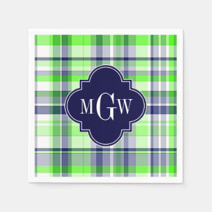 Lime, Navy, Wht Preppy Madras Quatrefoil Monogram Napkin