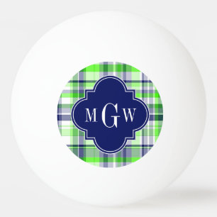 Lime, Navy, Wht Preppy Madras Quatrefoil Monogram Ping Pong Ball