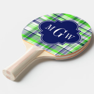 Lime, Navy, Wht Preppy Madras Quatrefoil Monogram Ping Pong Paddle