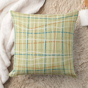 Lime Ochre Teal and Off White Plaid Design Pillow