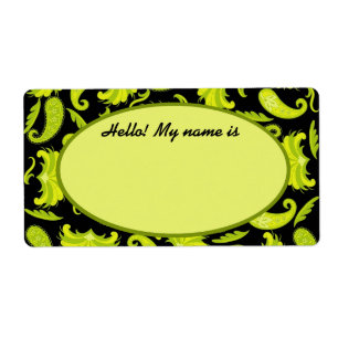 Lime & Olive Green & Black Paisley Name Tag Label
