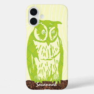 Lime Owl Wood Grain Pattern Choose Your Colour iPhone 16 Plus Case