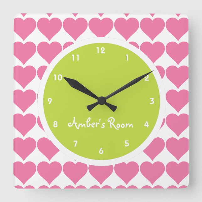 Lime & Pink Heart Print Girl's Bedroom Square Wall Clock (Front)