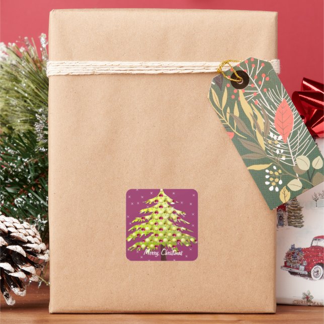Lime & Plum Christmas Tree with Plum Ornaments Square Sticker (Holiday)