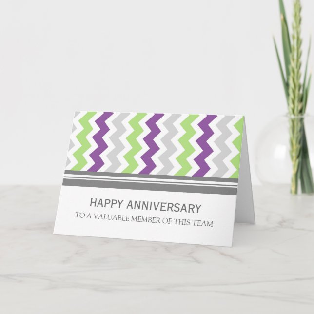 Lime Plum Grey Chevron Employee Anniversary Card (Front)