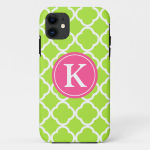 Lime Quatrefoil Pink Monogram iPhone 11 Case