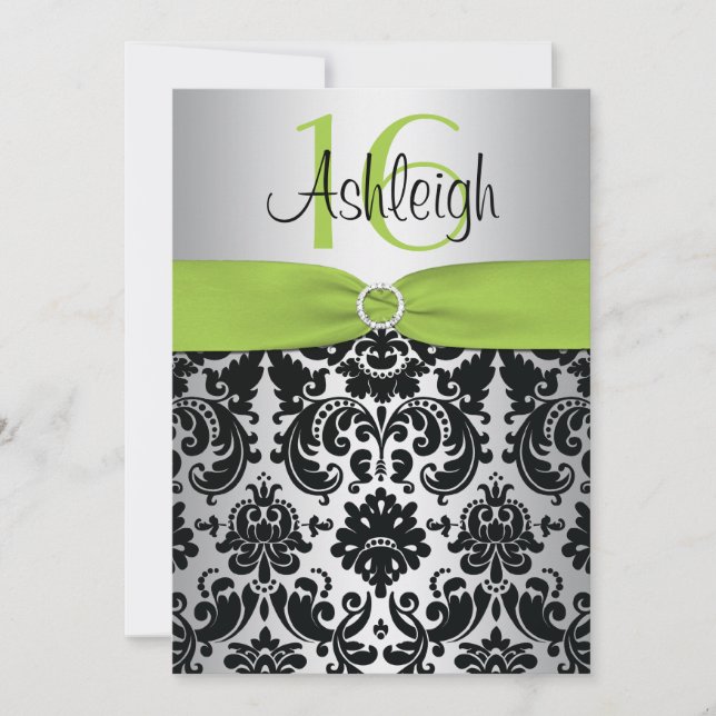 Lime, Silver, and Black Damask Sweet 16 Invitation (Front)
