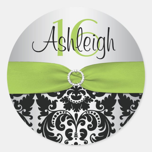 Lime, Silver, and Black Damask Sweet 16 Sticker (Front)