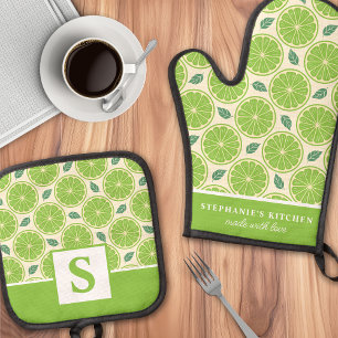 Lime Slices Citrus Cute Summer Monogrammed Oven Mitt & Pot Holder Set