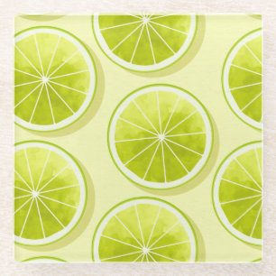 Lime Slices on Light Yellow Glass Coaster