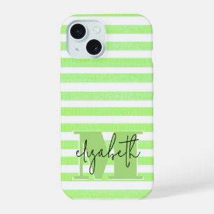 Lime Stripe Monogrammed iPhone 15 Case