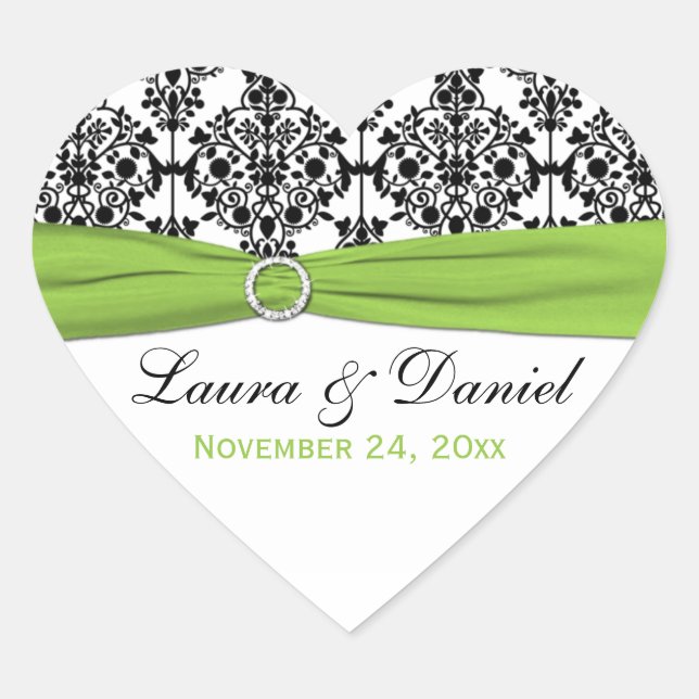 Lime, White, and Black Damask Heart Shape Sticker (Front)