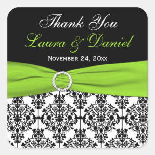 Lime, White, and Black Damask Wedding Favour Square Sticker