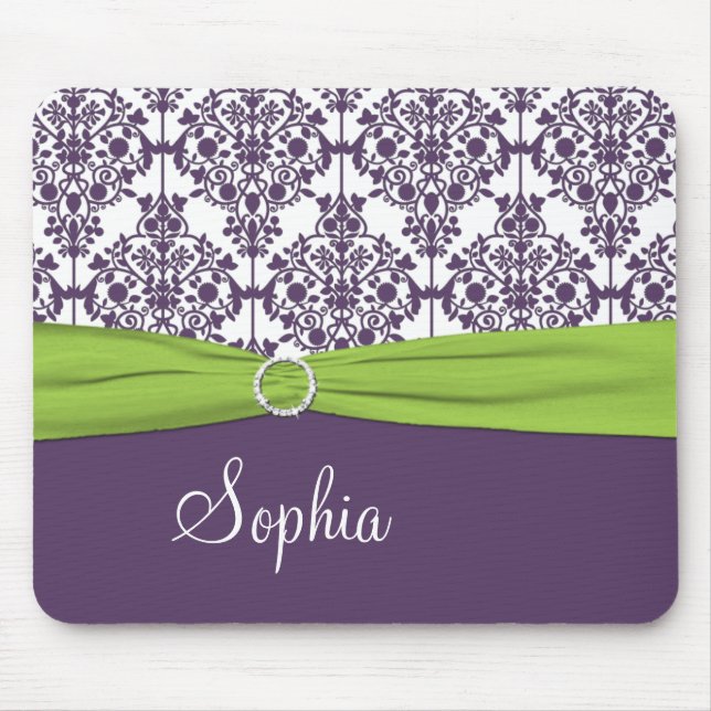 Lime, White, and Purple Damask Mousepad (Front)