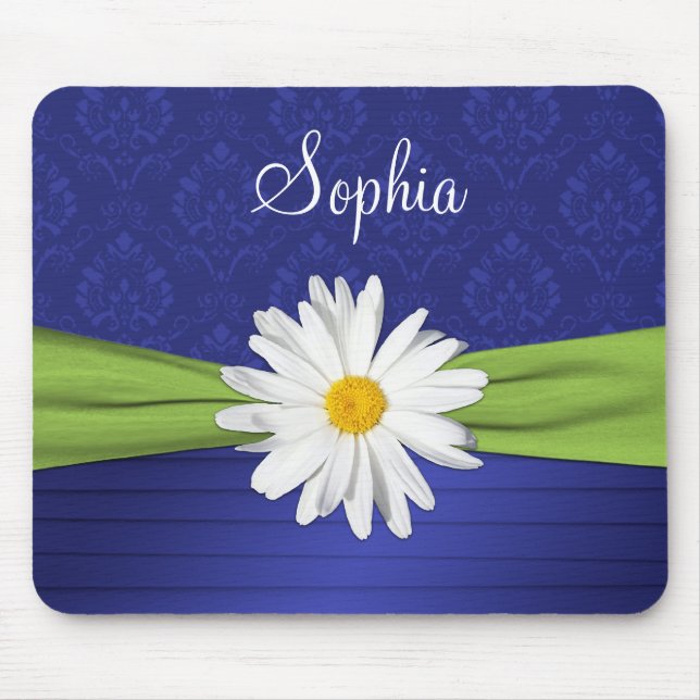 Lime, White, and Royal Blue Damask Mousepad (Front)