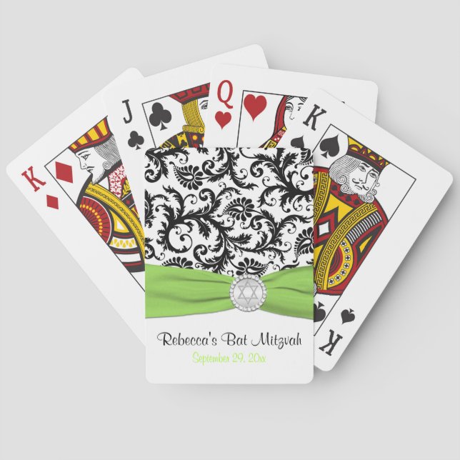 Lime White Black Damask Bat Mitzvah Playing Cards (Back)