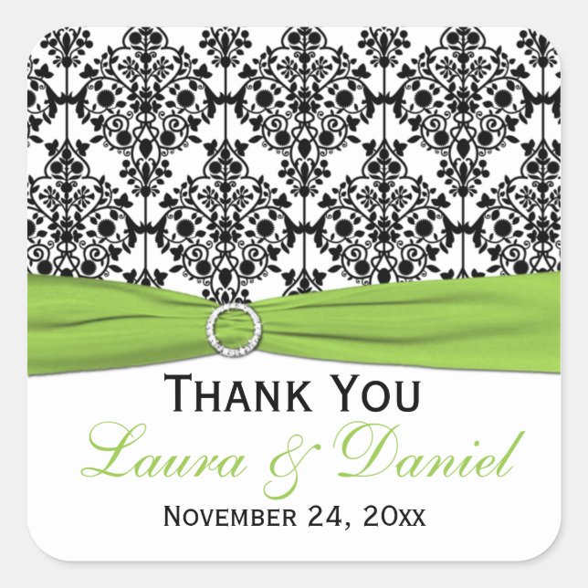 Lime, White, Black Damask Wedding Favour Sticker (Front)