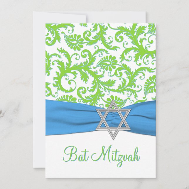 Lime, White, Blue Damask PRINTED RIBBON Invitation (Front)