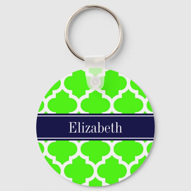 Lime White Moroccan #5 Navy Blue Name Monogram Key Ring (Front)