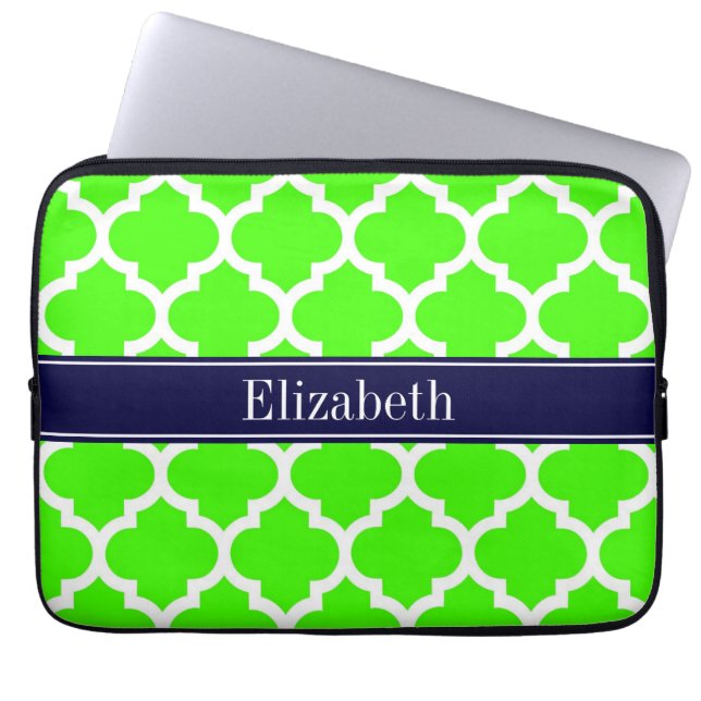 Lime White Moroccan #5 Navy Blue Name Monogram Laptop Sleeve (Front)
