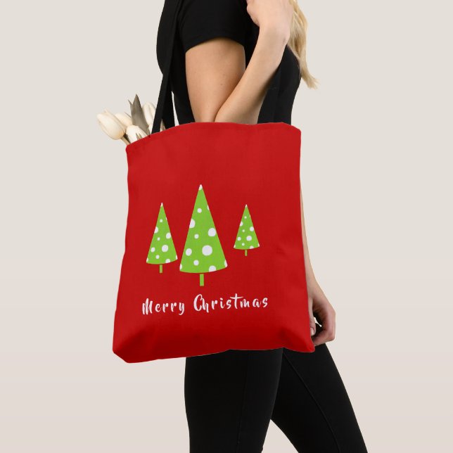 Lime White Polka Dots Christmas Trees  Tote Bag (Close Up)