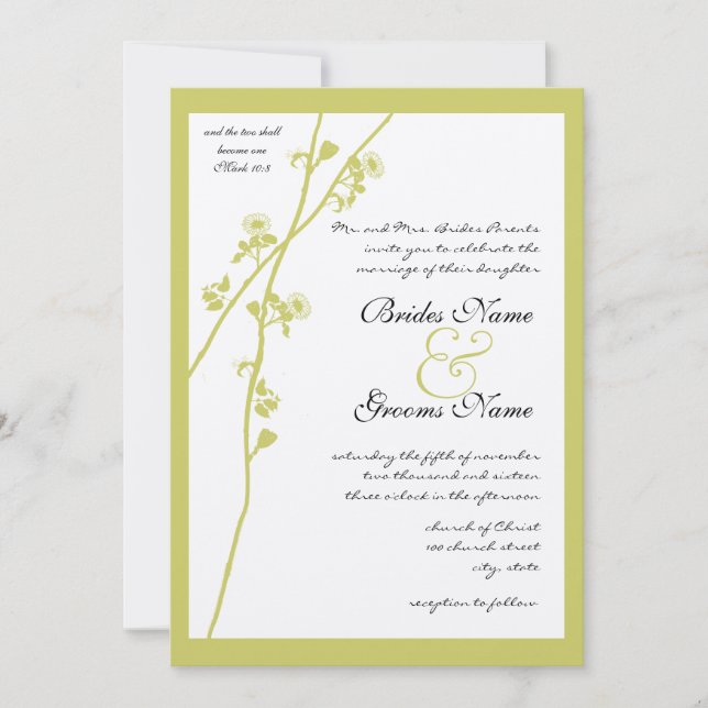 Lime Wild Flower Branch Wedding Invitation (Front)