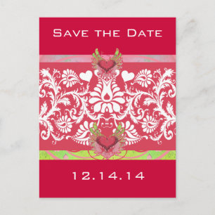 Lime Winged Hearts White Damask On Deep Raspberry Announcement Postcard
