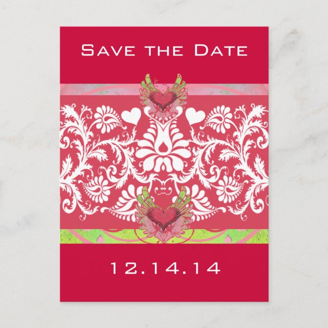 Lime Winged Hearts White Damask On Deep Raspberry Announcement Postcard (Front)