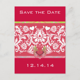 Lime Winged Hearts White Damask On Deep Raspberry Announcement Postcard