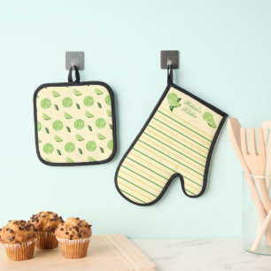 Limes and Green and Yellow Stripes Oven Mitt & Pot Holder Set