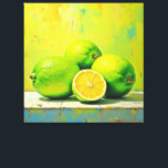 Limes' Bright Summer Pop Design Canvas Print<br><div class="desc">Experience the joy of summer with this bright citrus display! This vibrant still life of fresh limes and zesty lemon uses lush green and sunny yellow hues to create a truly refreshing, uplifting mood. Perfect for a modern kitchen or dining area! The design began with AI generation and was expertly...</div>