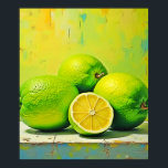 Limes' Bright Summer Pop Design Poster<br><div class="desc">Experience the joy of summer with this bright citrus display! This vibrant still life of fresh limes and zesty lemon uses lush green and sunny yellow hues to create a truly refreshing, uplifting mood. Perfect for a modern kitchen or dining area! The design began with AI generation and was expertly...</div>