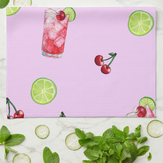Limes Cherries Cocktails Pink Tea Towel (Folded)
