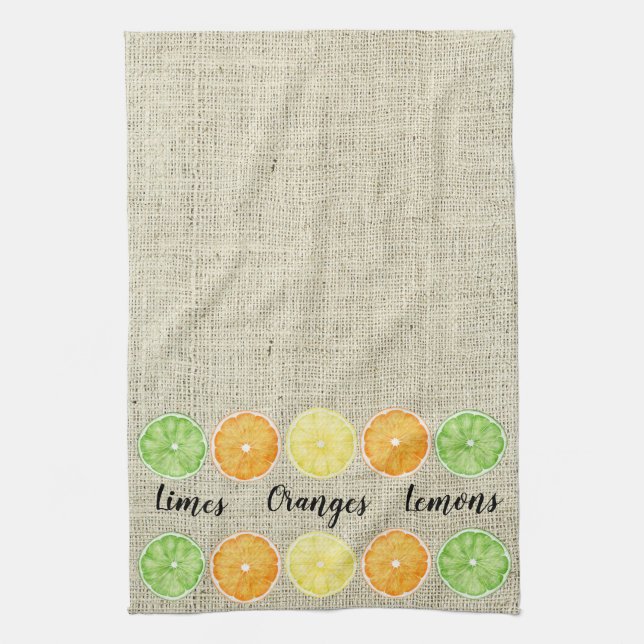 Limes Oranges and Lemons on Linen Background Tea Towel (Vertical)