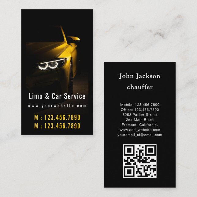Limo & Car Service Modern Gold Limousine QR code Business Card (Front/Back)