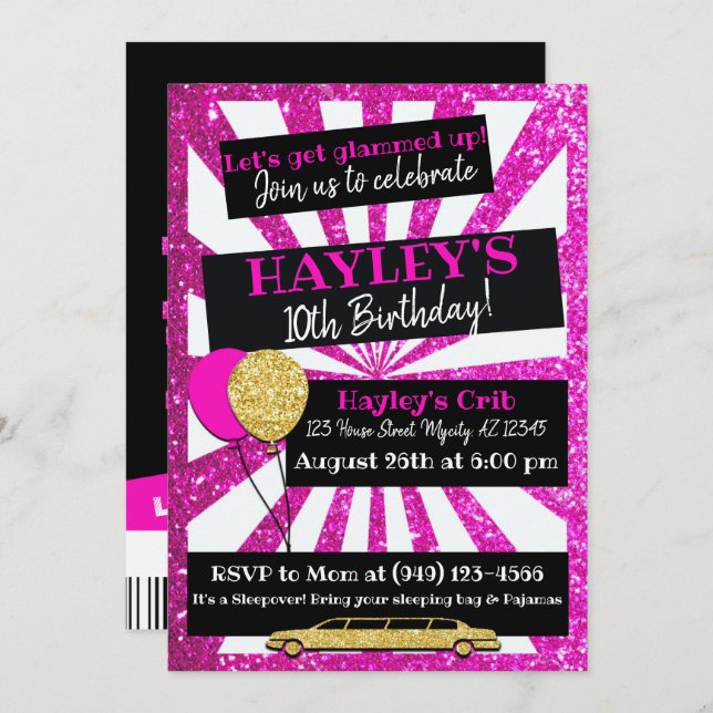 Limo Party VIP Pass Pink & gold Glitter invitation (Front/Back)