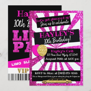 Limo Party VIP Pass Pink & gold Glitter invitation