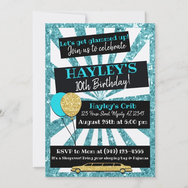Limo Party VIP Pass Teal & gold Glitter invitation (Front)