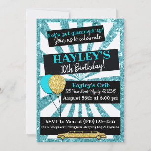 Limo Party VIP Pass Teal & gold Glitter invitation
